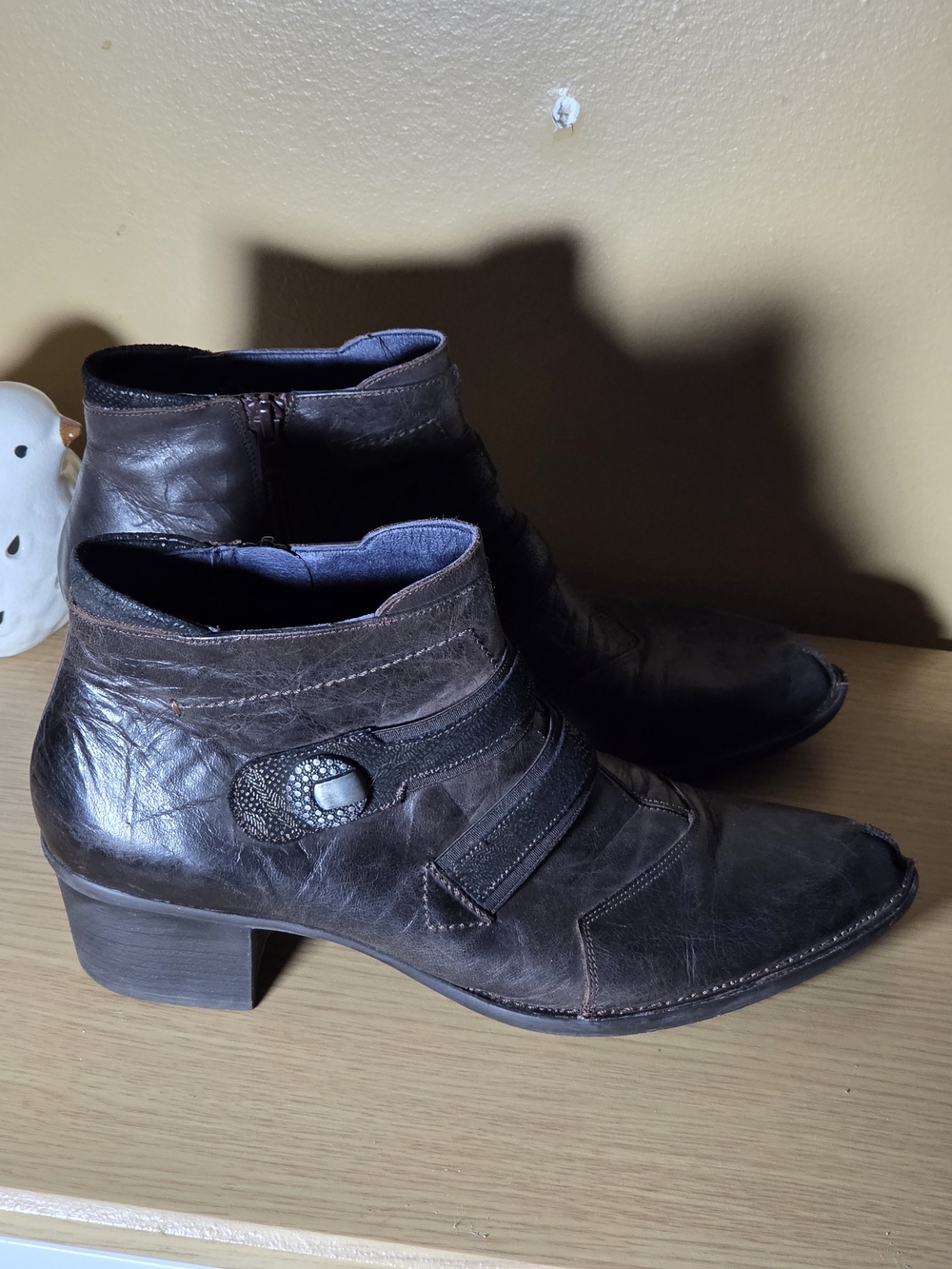Women's Dark Brown Leather Ankle Booties with Decorative Strap